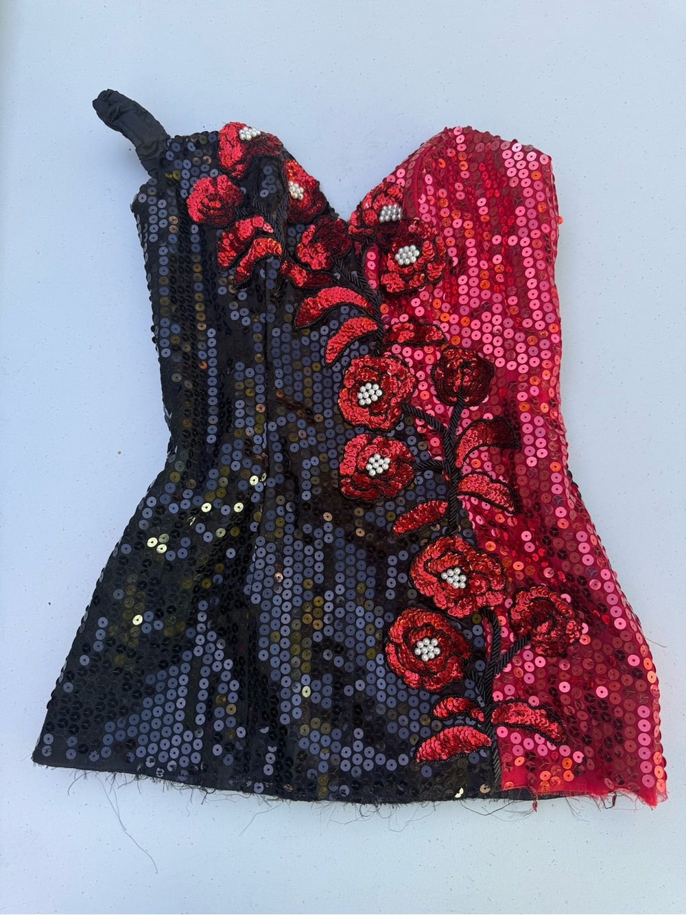 Vintage Sequined Black & Red Floral Bustier Top